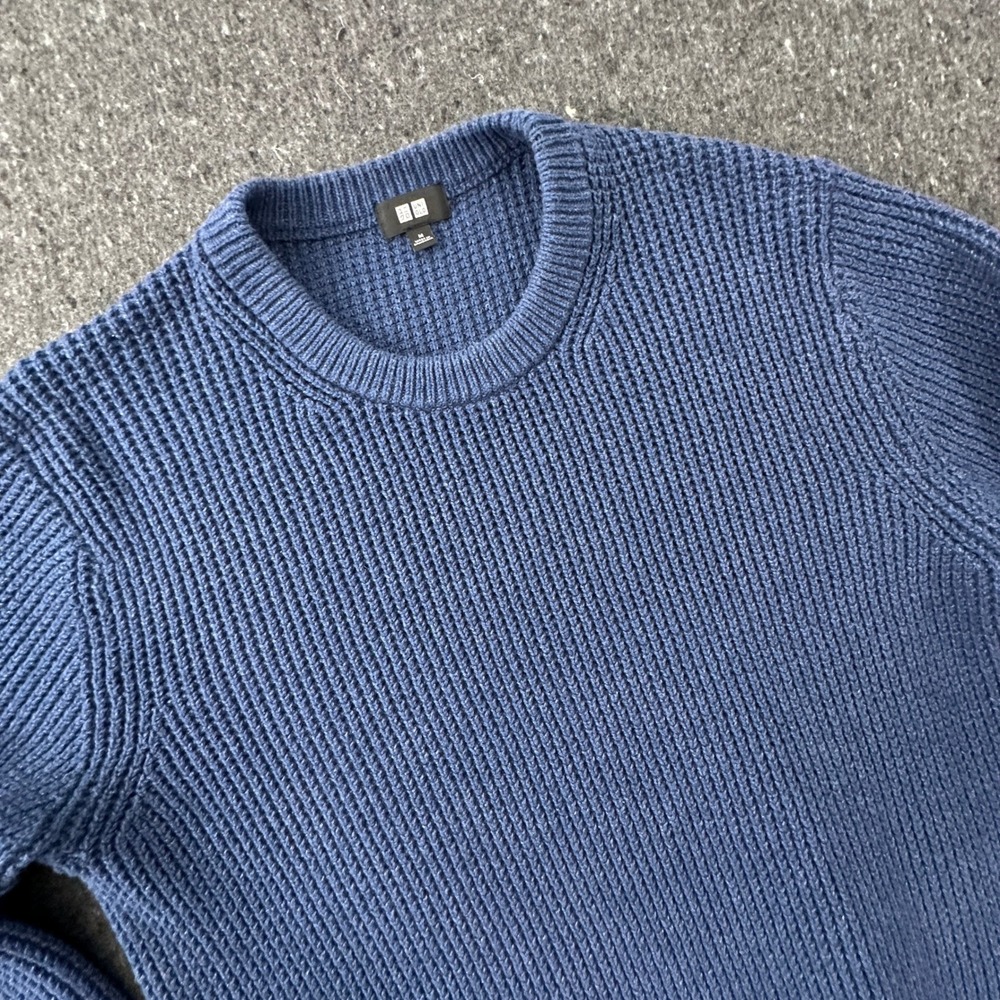 Uniqlo Waffle Knit Sweater Mens M Blue Crew Neck Chunky Pullover Casual Warm